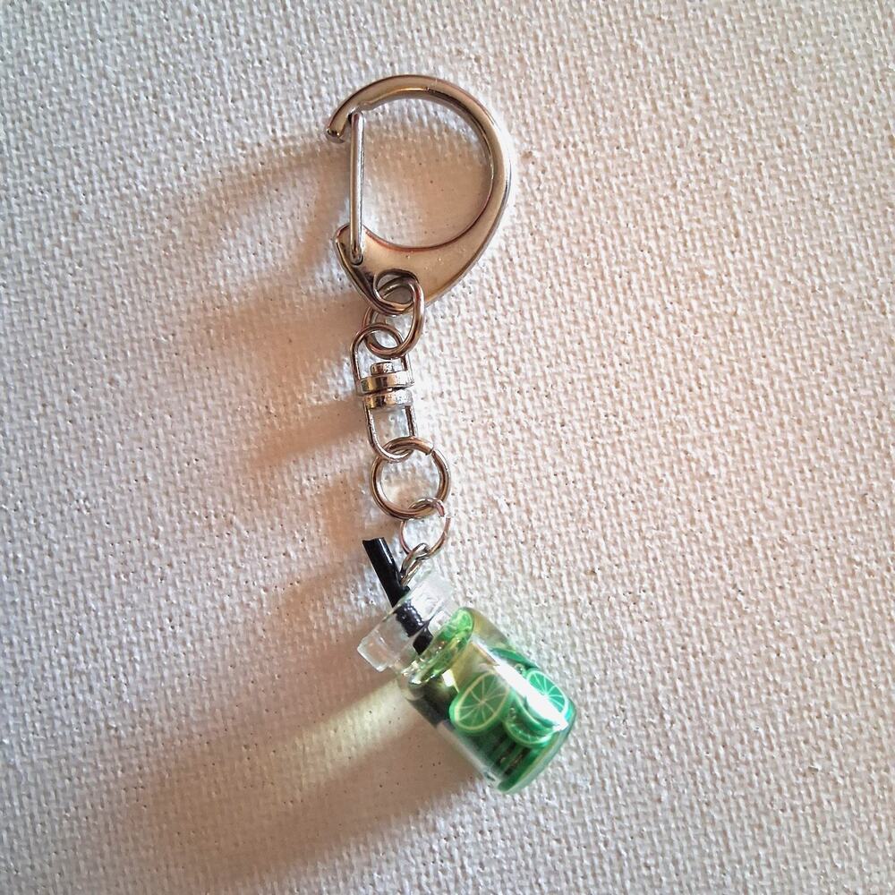 Lime Citrus Fruit Keychain Silver METAL Dangle Drink CHARM Handmade